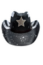 Black cowboy hat with a star design on a white background
