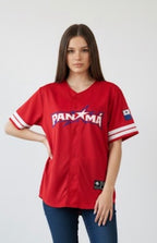 Person wearing a red 'Panama' baseball jersey on a white background