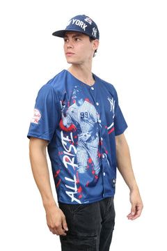 Five Boroughs blue button-up baseball jersey with relaxed fit