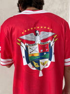 Red sports jersey with a prominent emblem on the chest.