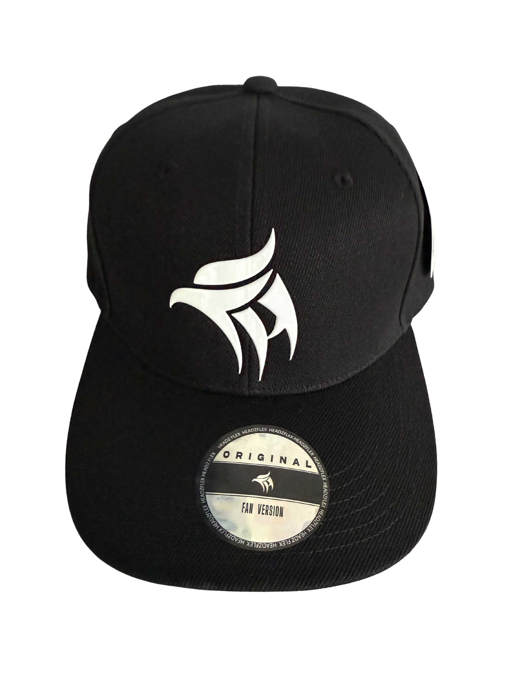 Black cap with a white logo on a white background