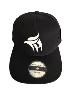 Black cap with a white logo on a white background