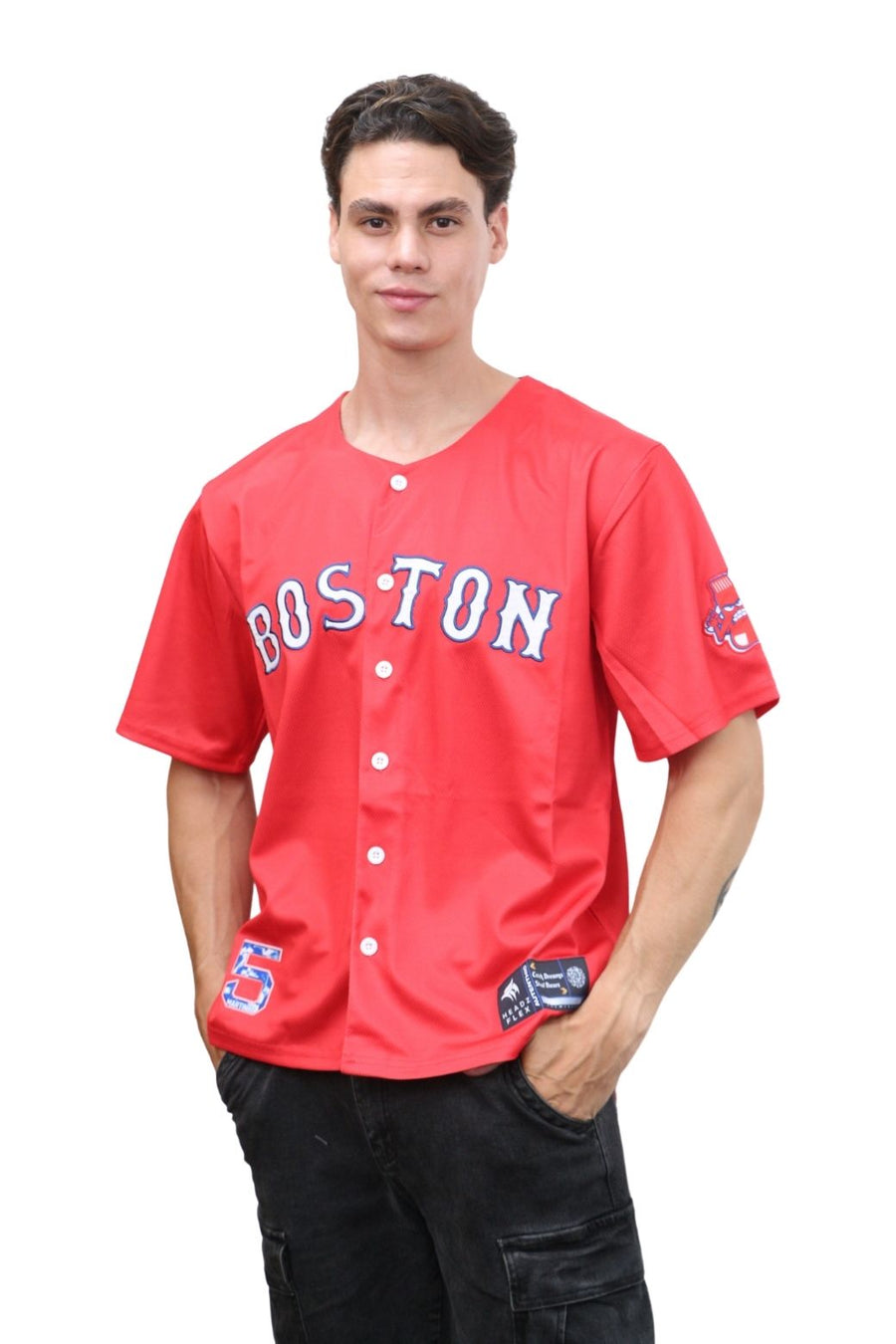 A man wearing a red Boston Red Sox baseball jersey with short sleeves, featuring 'Boston' embroidered in script on the front and the name 'Martinez' with the number '45' on the back.