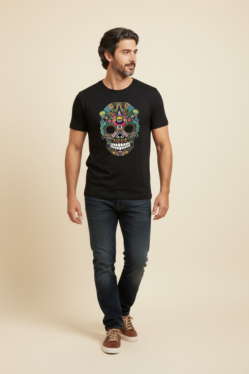 Man wearing a black t-shirt with a colorful skull design on a beige background