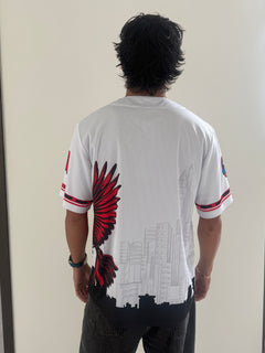 Saint Louis Riverman white embroidered baseball jersey – Gateway Arch sleeve patch detail