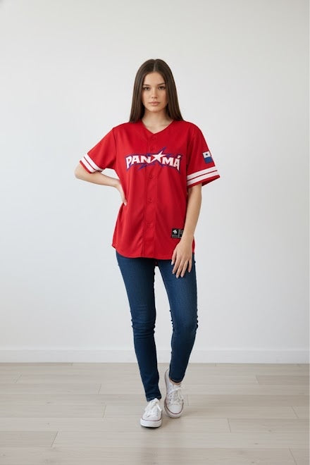 Person wearing a red 'Panama' jersey with white pants on a plain background