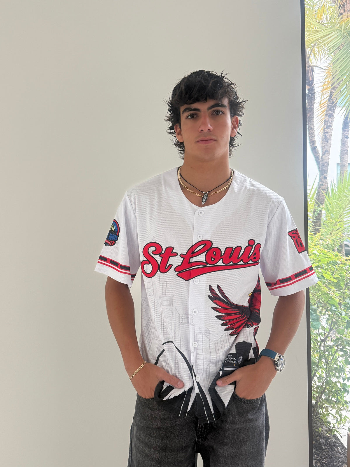 Saint Louis Riverman white embroidered baseball jersey – front on model