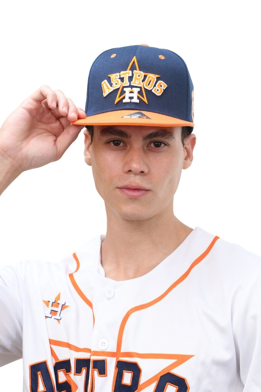 Front view of Houston team baseball cap in orange and navy

