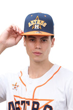 Front view of Houston team baseball cap in orange and navy

