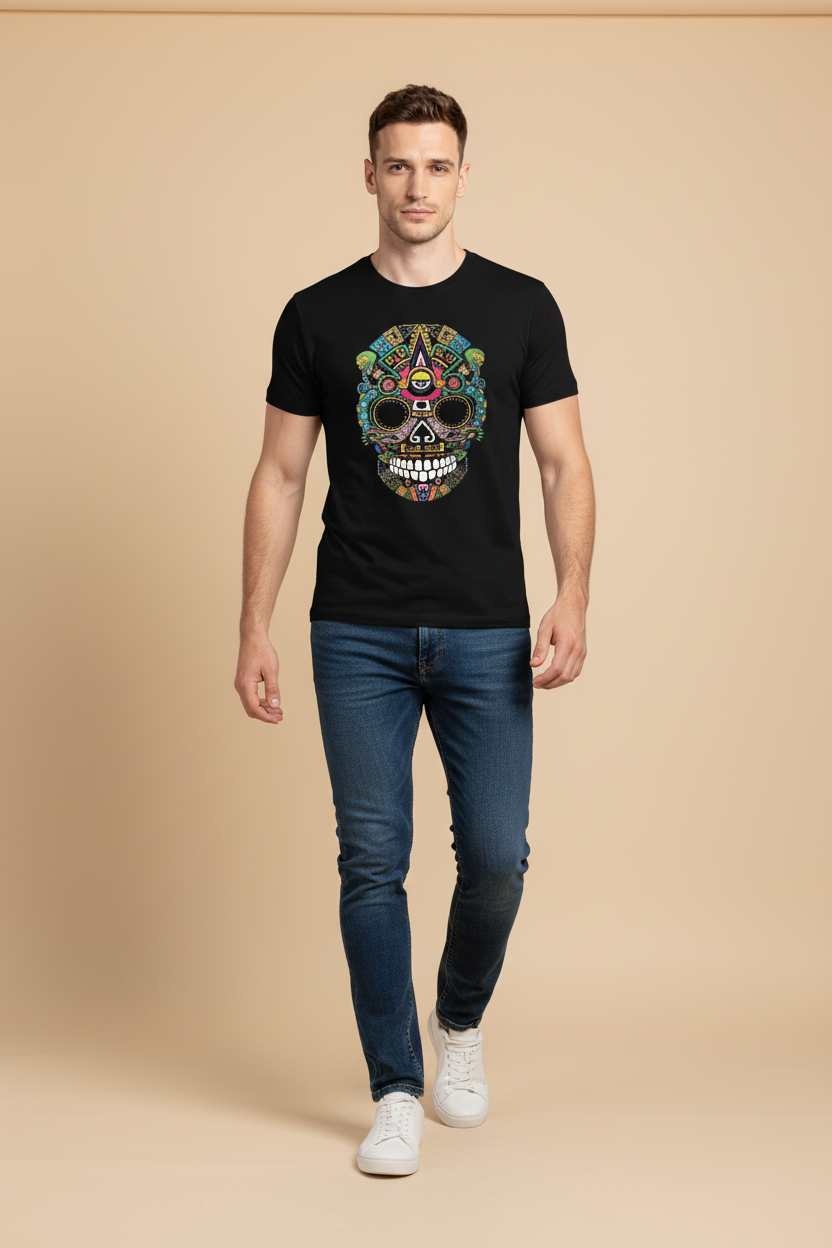 Man wearing a black t-shirt with a colorful skull design on a beige background