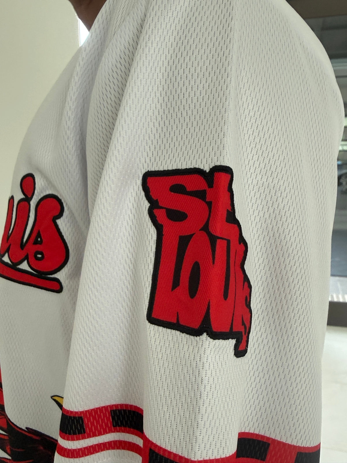 Saint Louis Riverman white embroidered baseball jersey – back on model