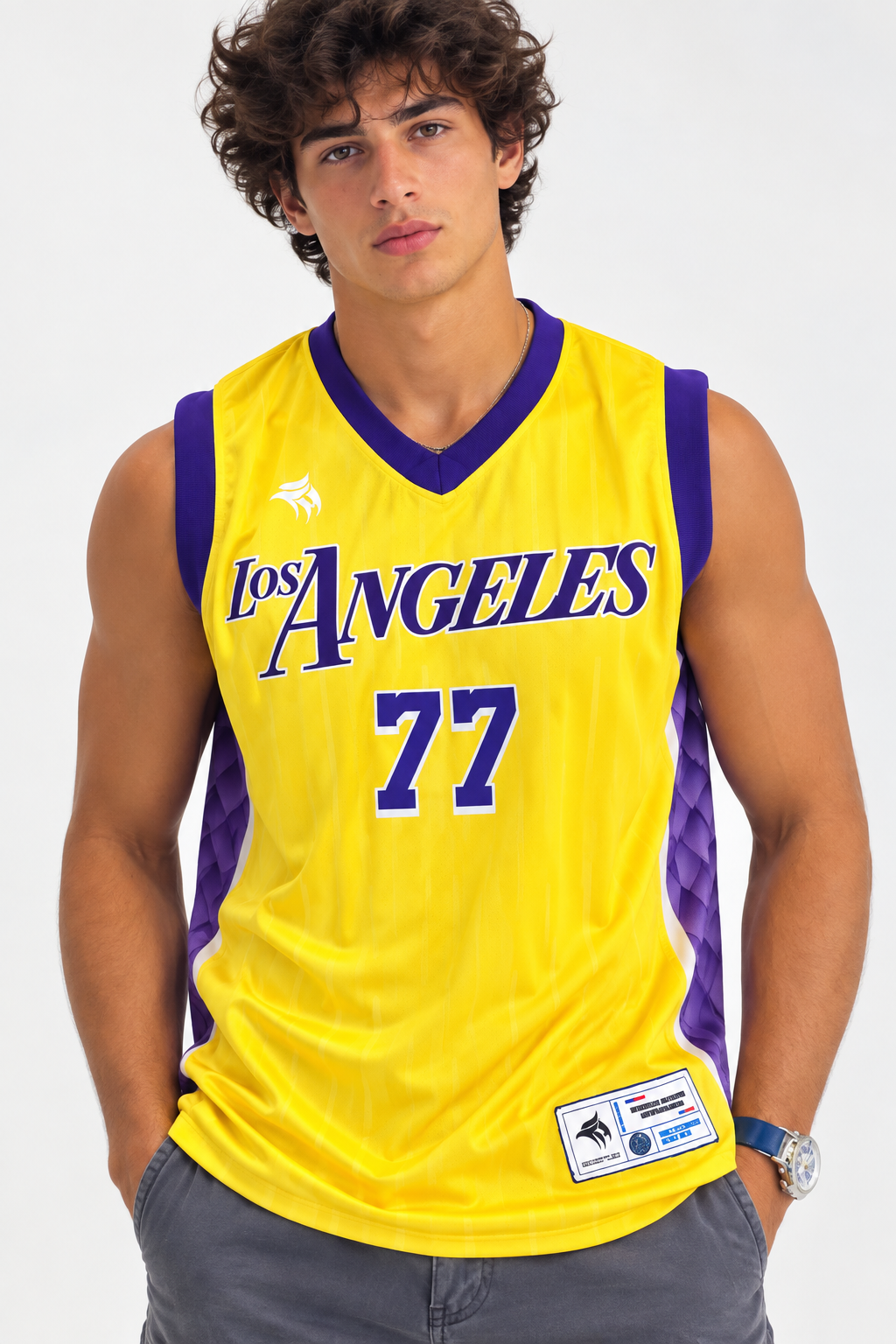 Back view of model wearing the West Coast 77 yellow and purple mesh basketball jersey, showing the number 77 photo-collage graphic