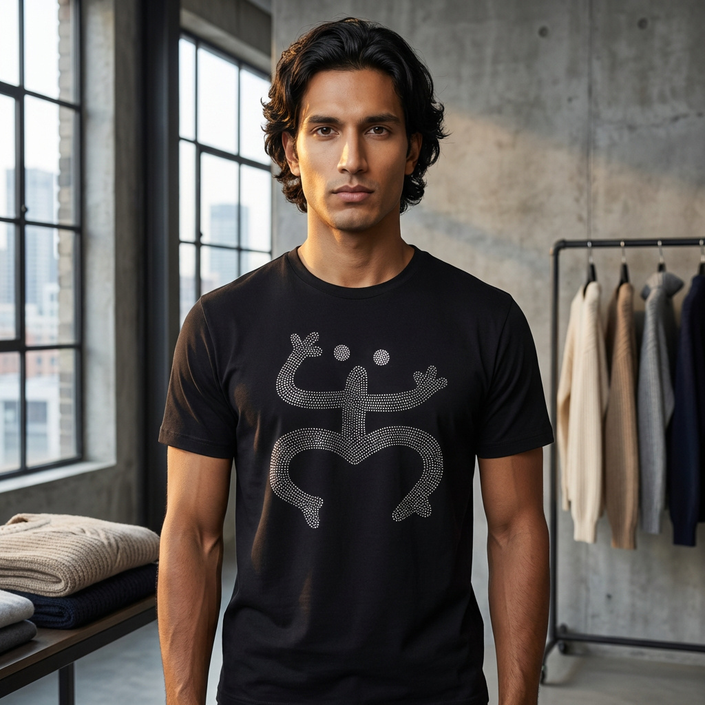 Man wearing a black t-shirt with a graphic design in a clothing store.