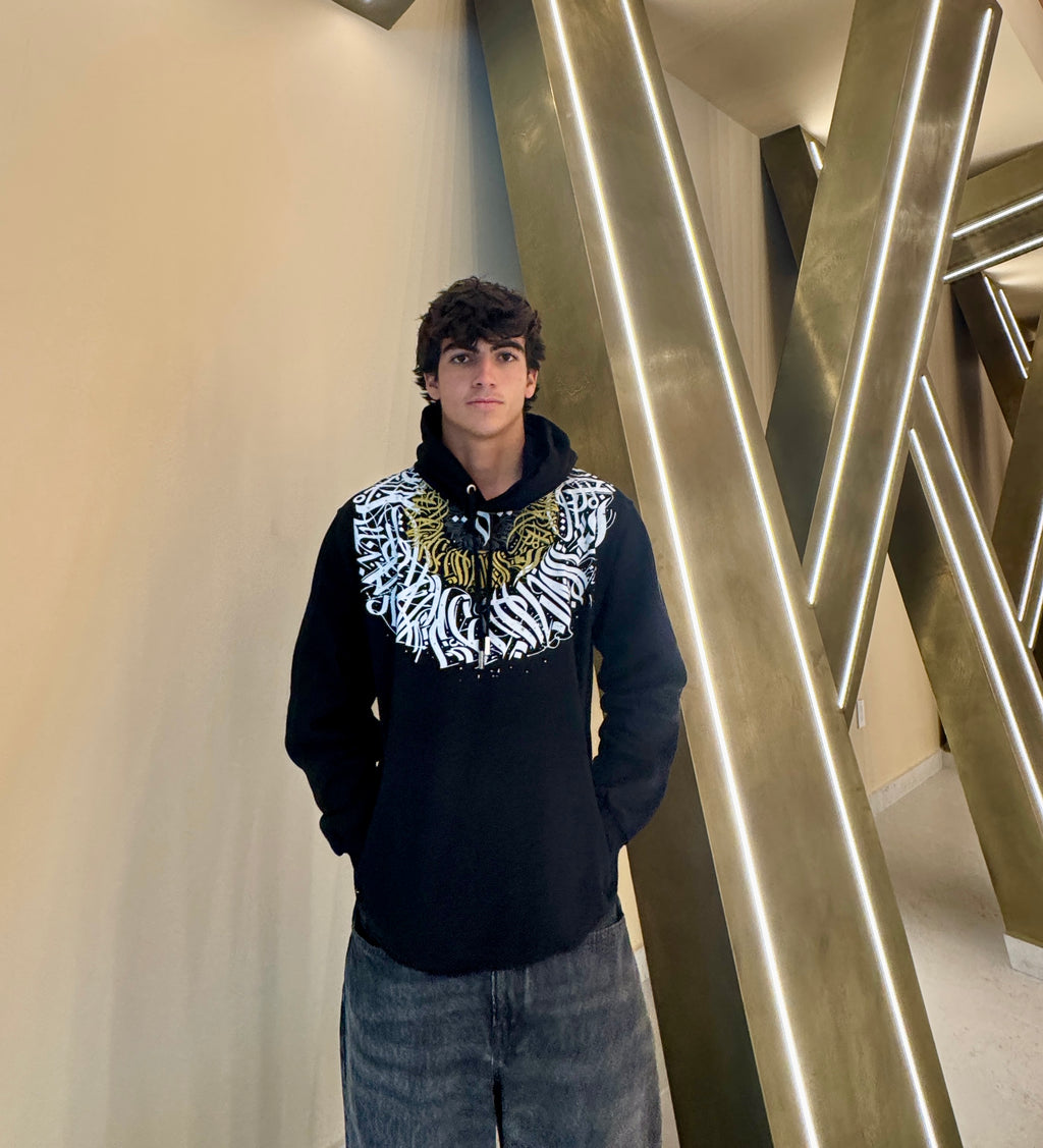 Black Graphic Cotton Hoodie – 100% Peruvian Cotton, Cozy Winter Pullover (HyoeCrew)