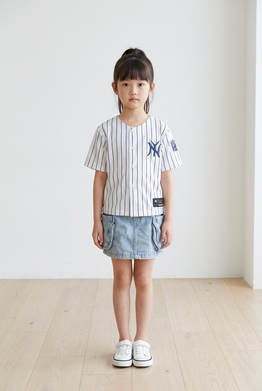 Young girl standing in the white pinstripe New York kids baseball jersey with navy NY logo, denim skirt and white sneakers on a white studio background
