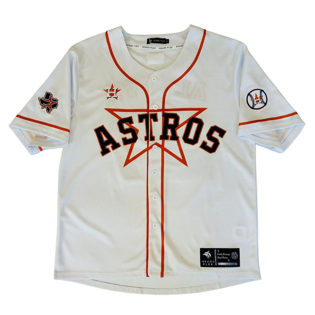 White Houston Astros fan jersey with red and black embroidery, featuring the team logo and number 27.