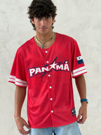 Person wearing a red 'PANXMA' jersey on a light background