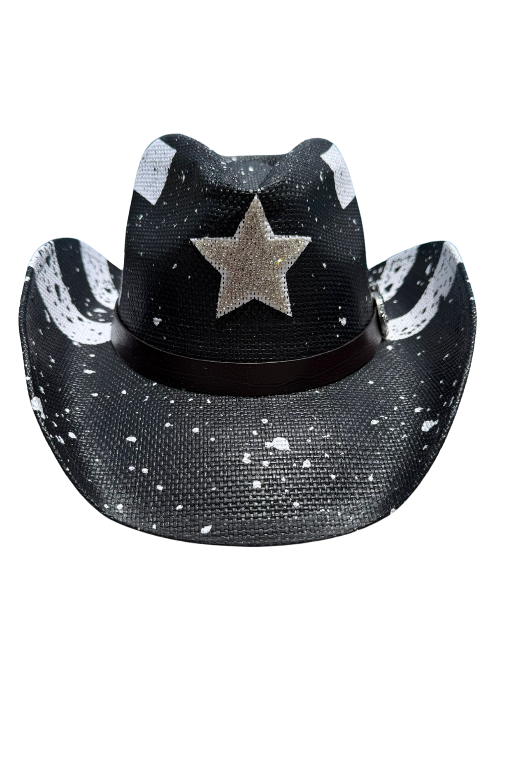Black cowboy hat with a star design on a white background Main image