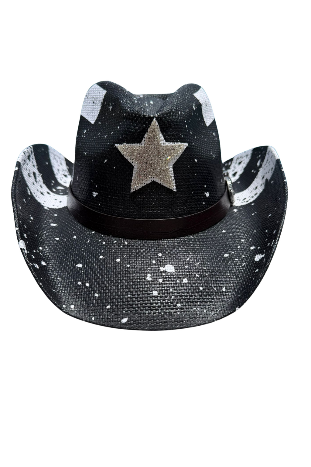 Black cowboy hat with a star design on a white background