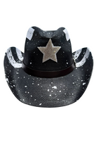 Black cowboy hat with a star design on a white background