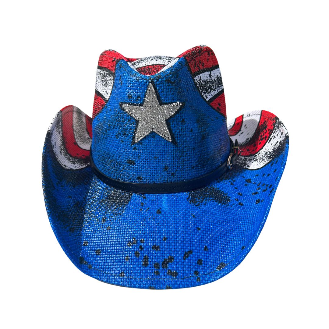 Blue cowboy hat with a star design on a white background
