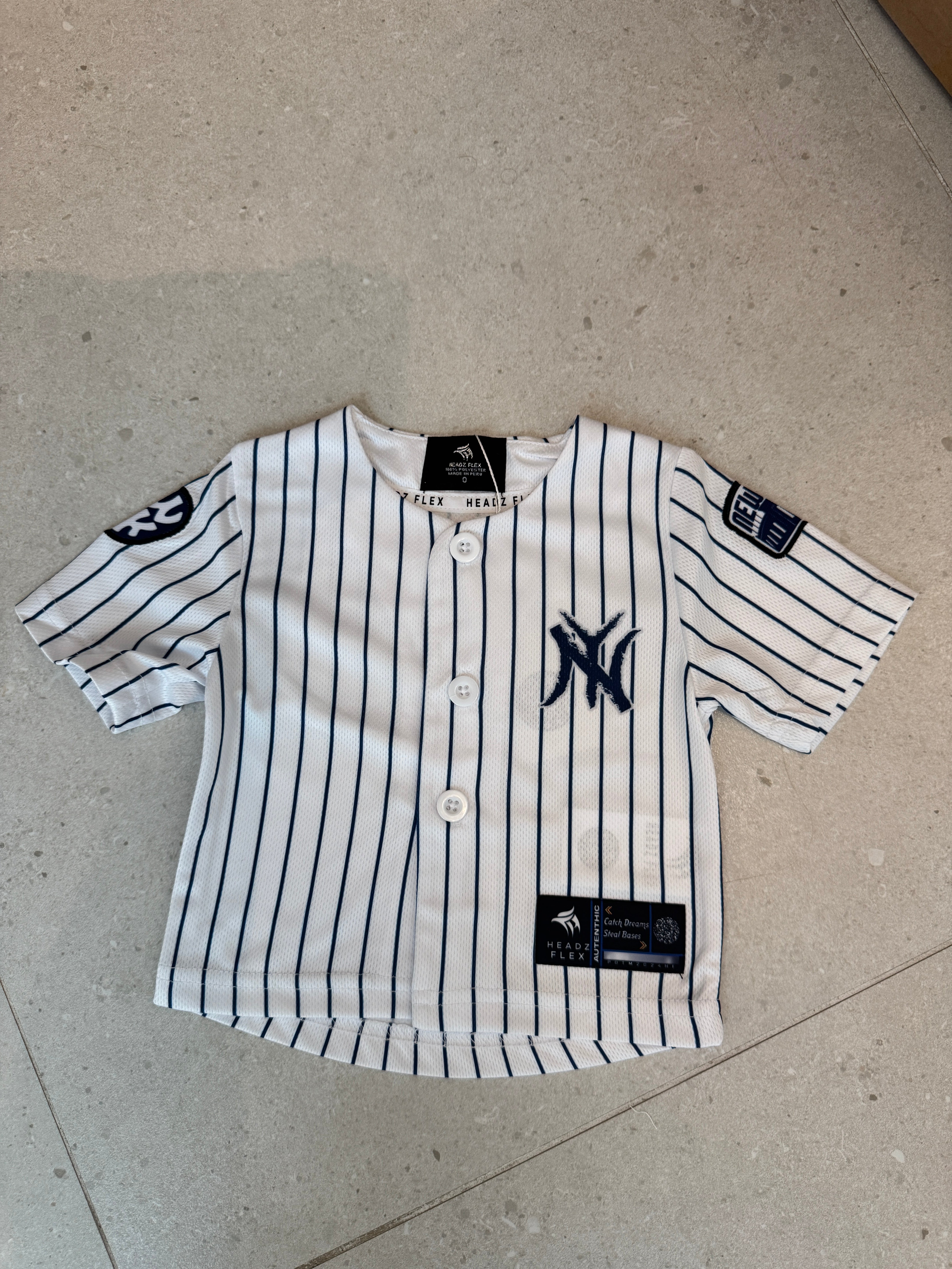 HeadzFlex® Kids Classic Pinstripe Baseball Jersey – White with Navy Blue Stripes (Sizes 0–14) Main image