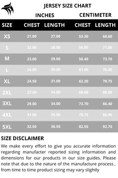 Jersey size chart with measurements in inches and centimeters