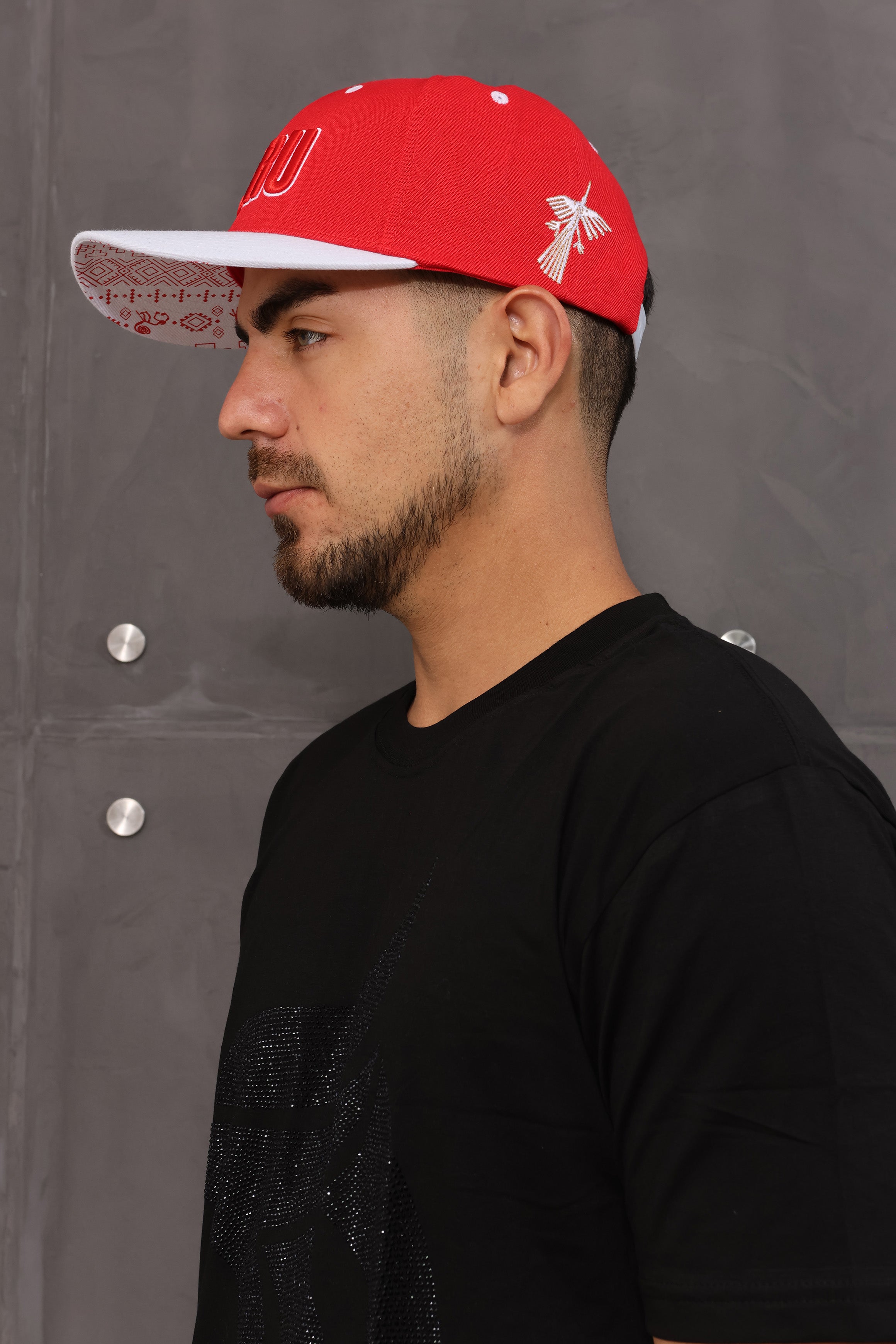 HEADZFLEX PR 3D Embroidered Flatbill Snapback Cap - Peru Baseball Cap with Nazca Signs & Coat of Arms, Red