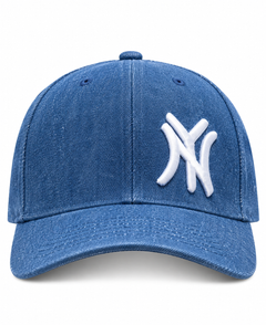 New York denim snapback cap front view, blue denim with raised NY embroidery and curved brim
