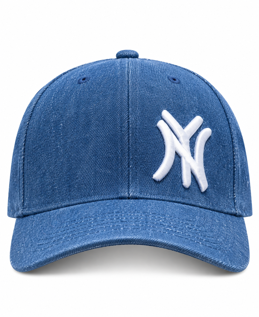 New York denim snapback cap front view, blue denim with raised NY embroidery and curved brim