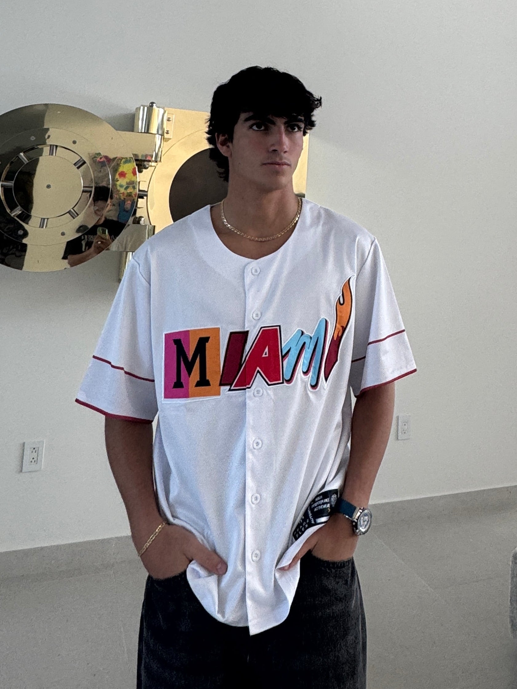 Miami Heatwave Embroidered Baseball Jersey – White Multicolor Streetwear Secondary image
