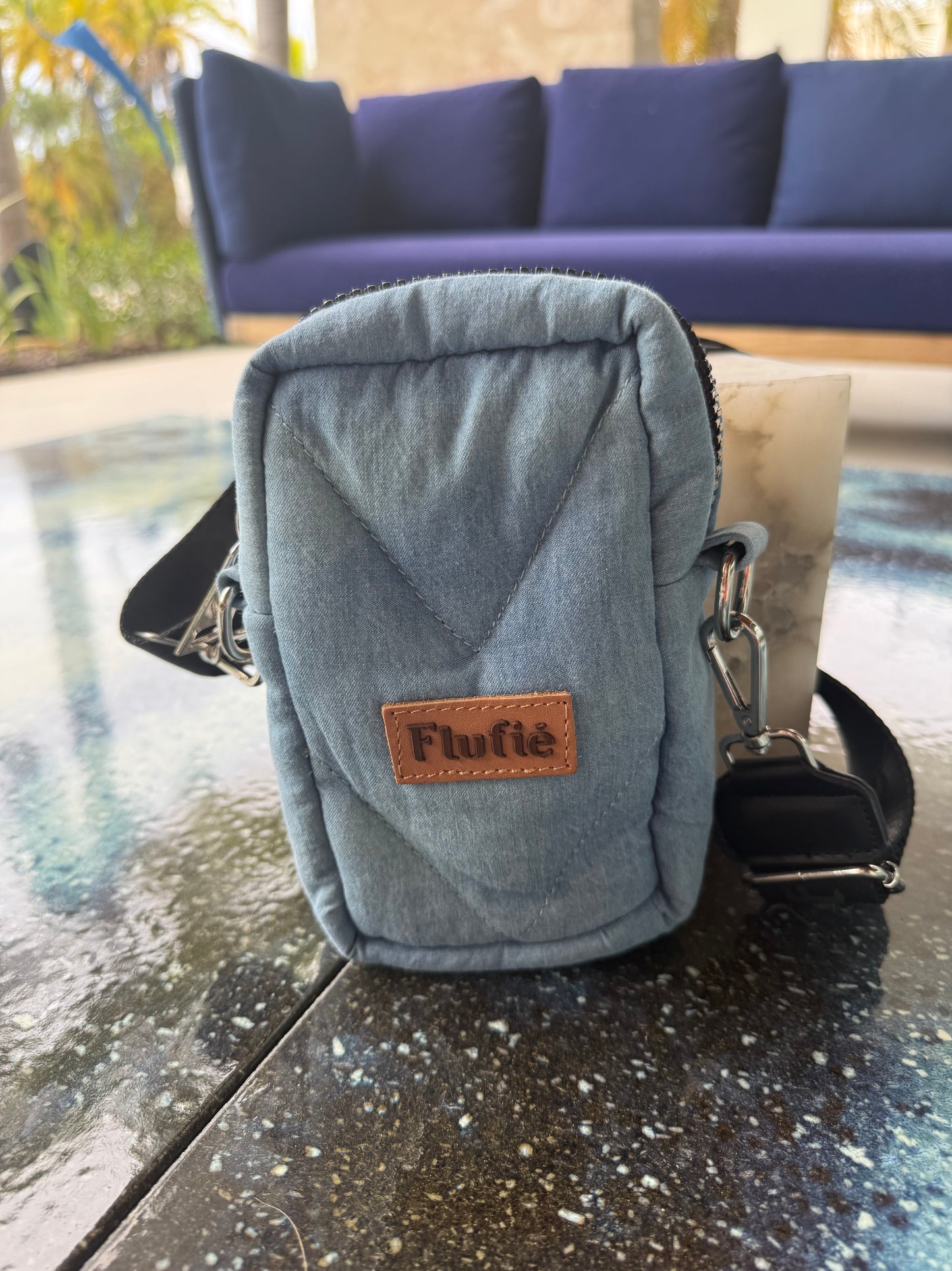 Light Denim Microgel Padded Phone Bag – Sleek, Strong & Modern by Flufie