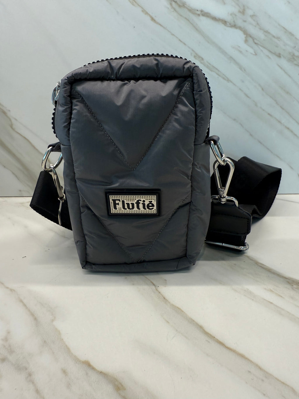 Bright Black Flufie microgel padded phone bag, front view