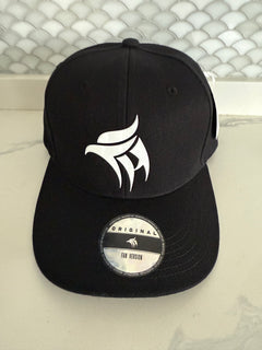 Two black caps with logos on a textured white background