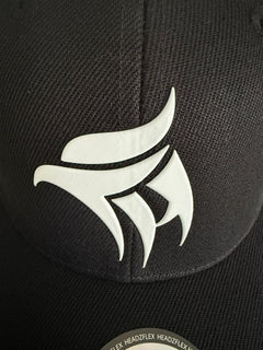 Black cap with a white logo on a black background