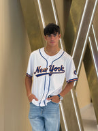 New York 22 Fan Baseball Jersey – White Mesh Button Up, Blue & Orange Trim
