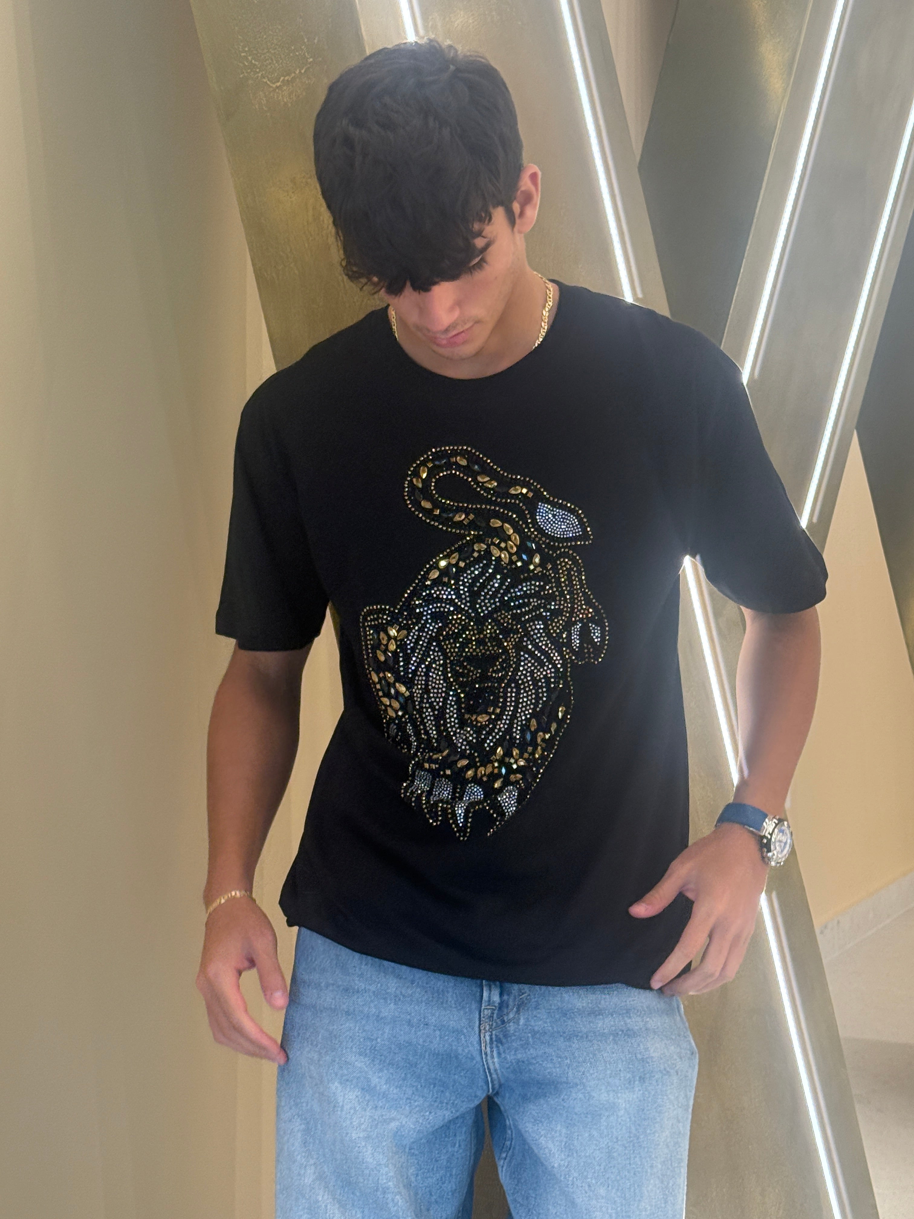 Golden Tiger Black Rhinestone T-Shirt