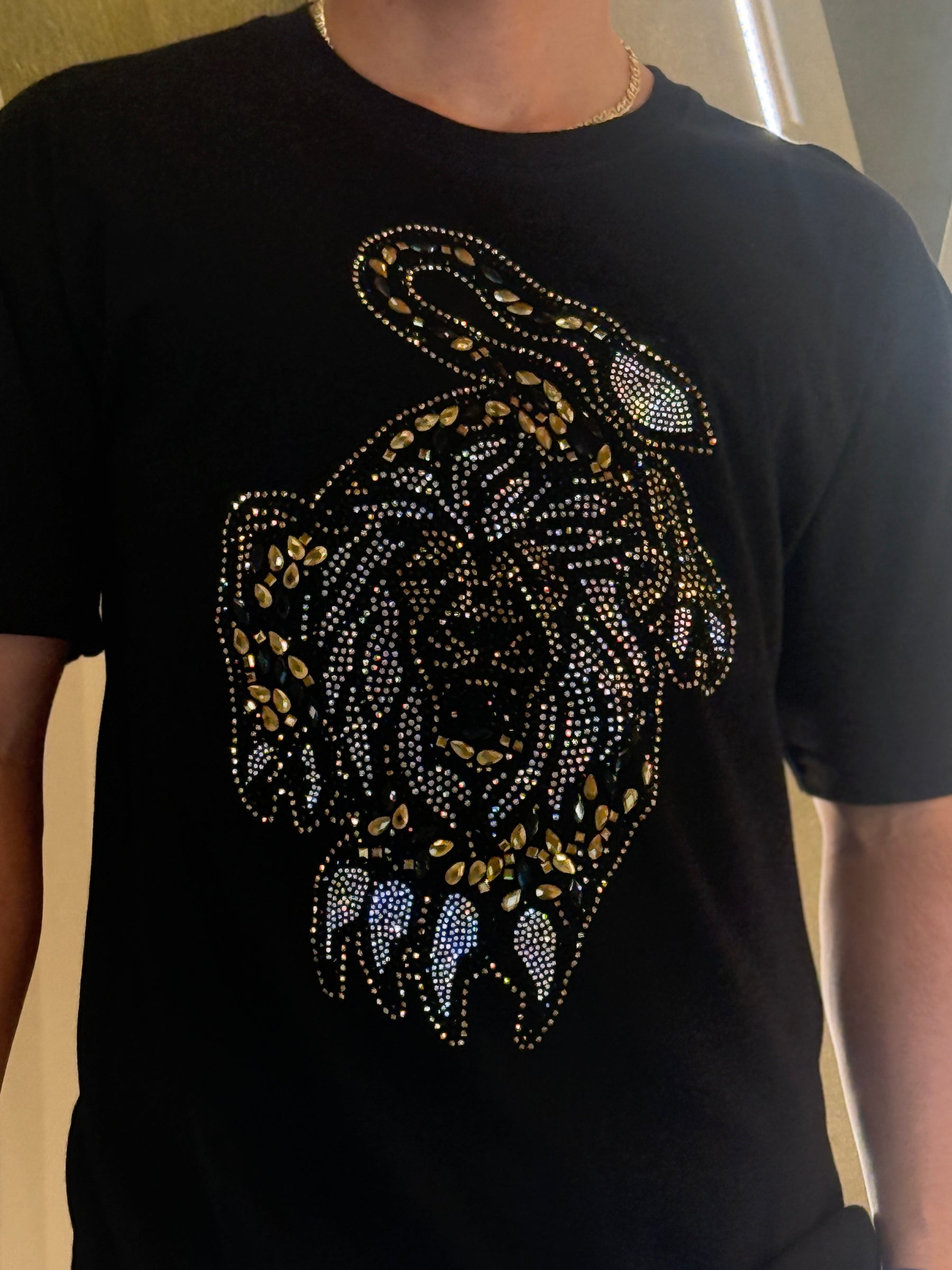Golden Tiger Black Rhinestone T-Shirt