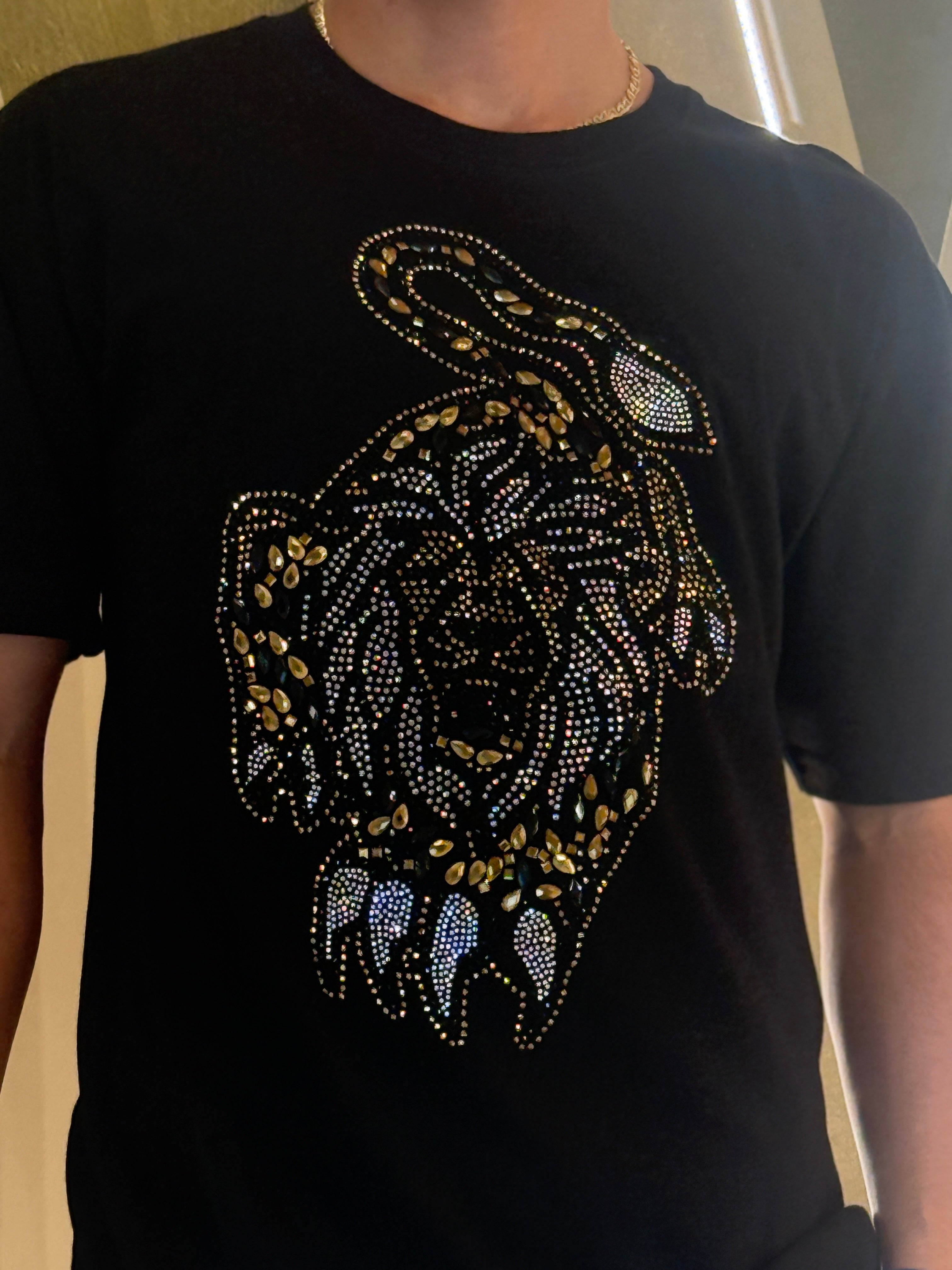 Golden Tiger Black Rhinestone T-Shirt