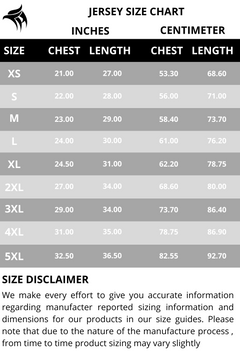 Jersey size chart with measurements in inches and centimeters