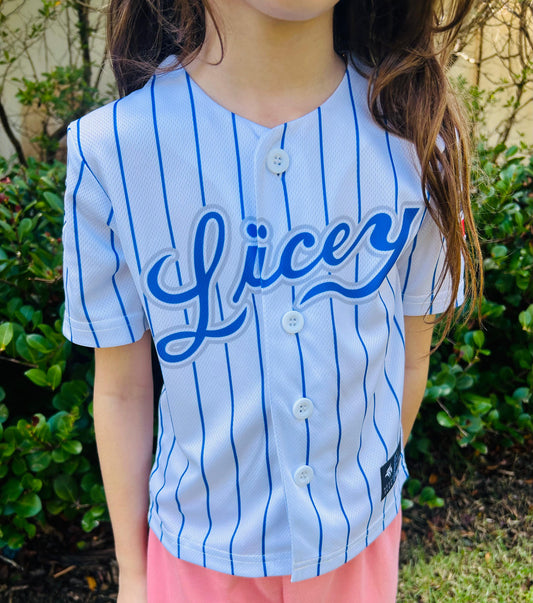 Licey Kids Baseball Jersey -White and Blue Stripes Sublimation, Embroidered Flag