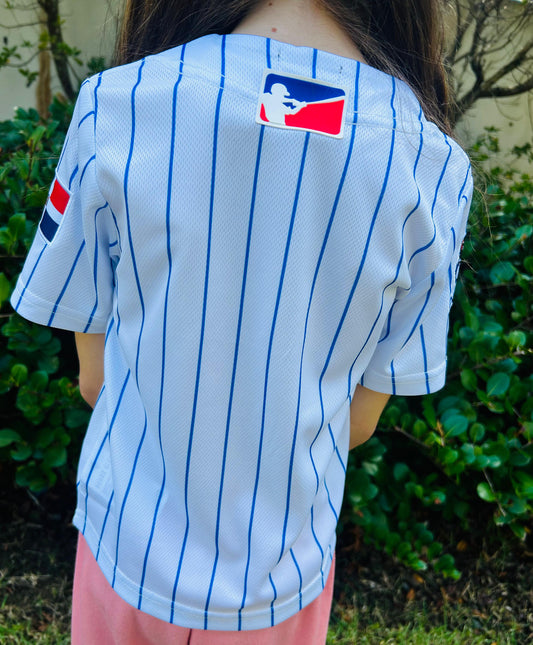 Licey Kids Baseball Jersey -White and Blue Stripes Sublimation, Embroidered Flag