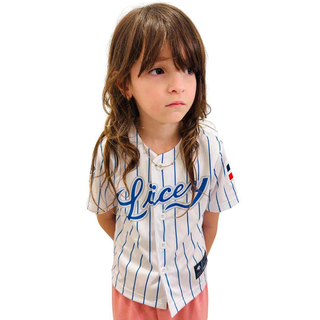 Licey Kids Baseball Jersey - Limited Edition with White and Blue Stripes, Premium Sublimation, Embroidered Flag