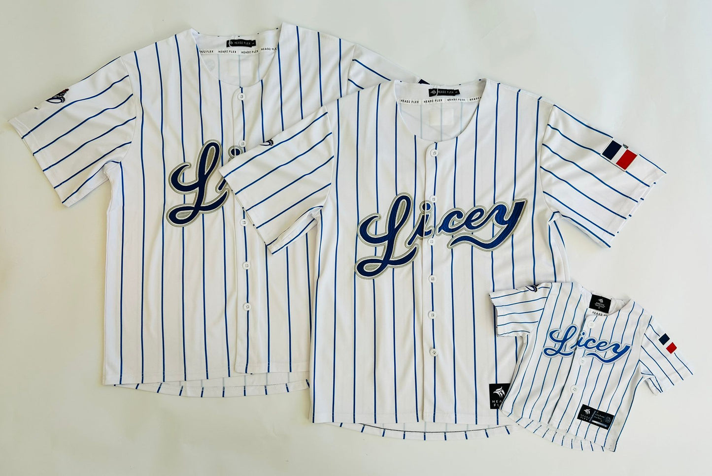 Licey Kids Baseball Jersey -White and Blue Stripes Sublimation, Embroidered Flag
