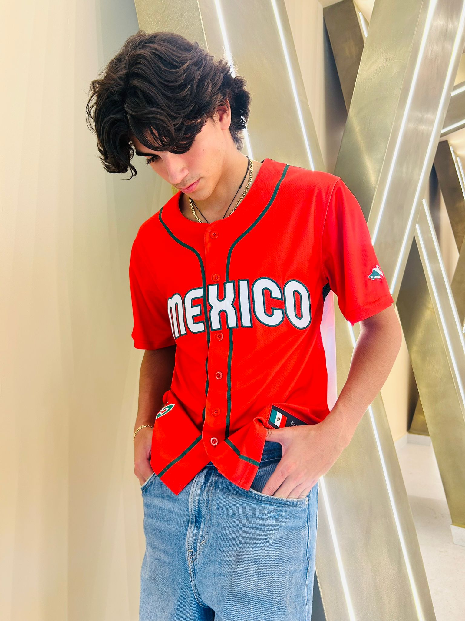 TAINOWEARS Mexico Red Baseball Jersey – 52, Mexican Flag & Coat of Arms, Golden Eagle