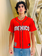 TAINOWEARS Mexico Red Baseball Jersey – 52, Mexican Flag & Coat of Arms, Golden Eagle