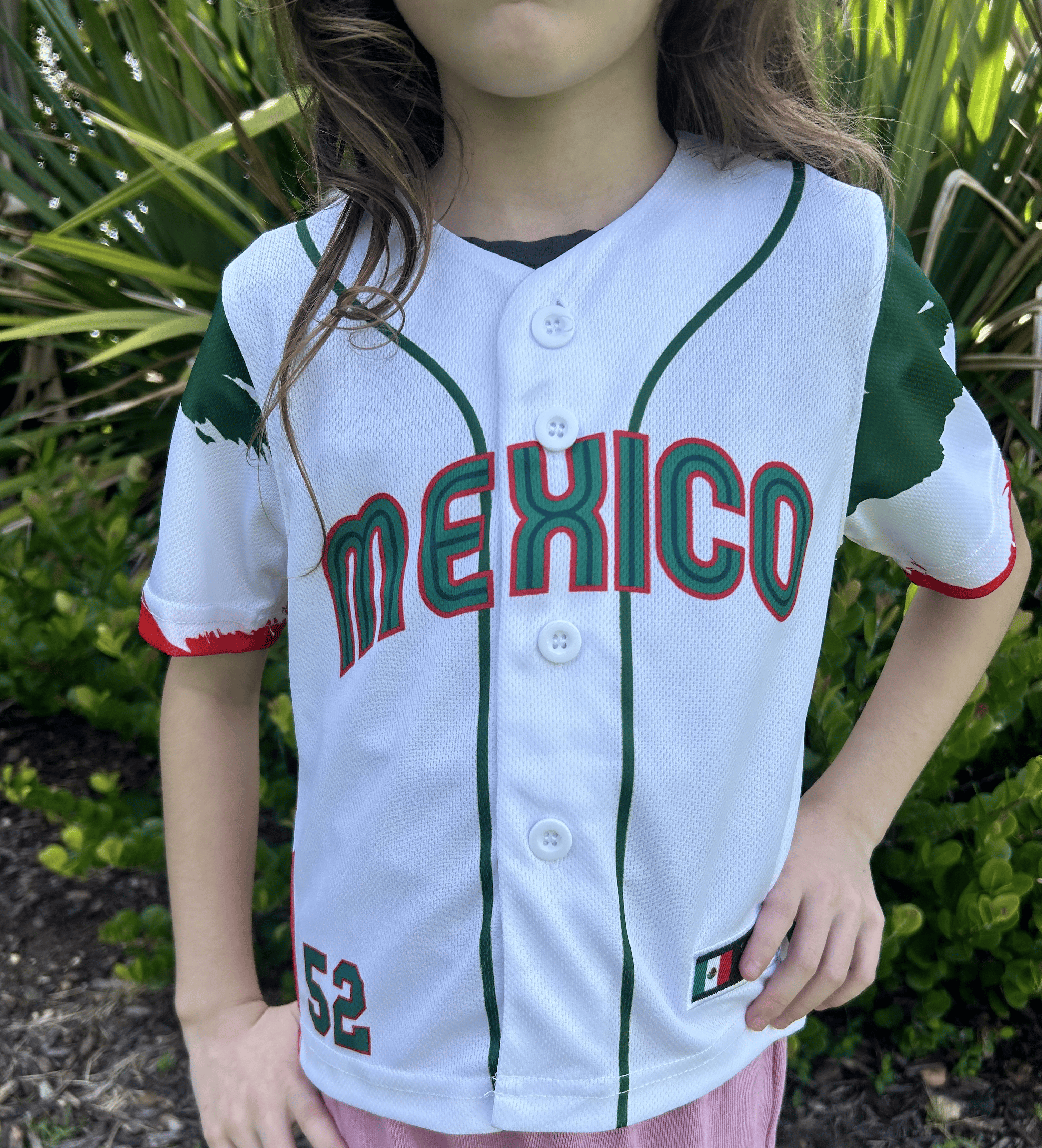 Mexico Baseball Jersey for Kids – White Mexican Flag Shirt with Eagle Coat of Arms & Number 52 | Sizes 2-14