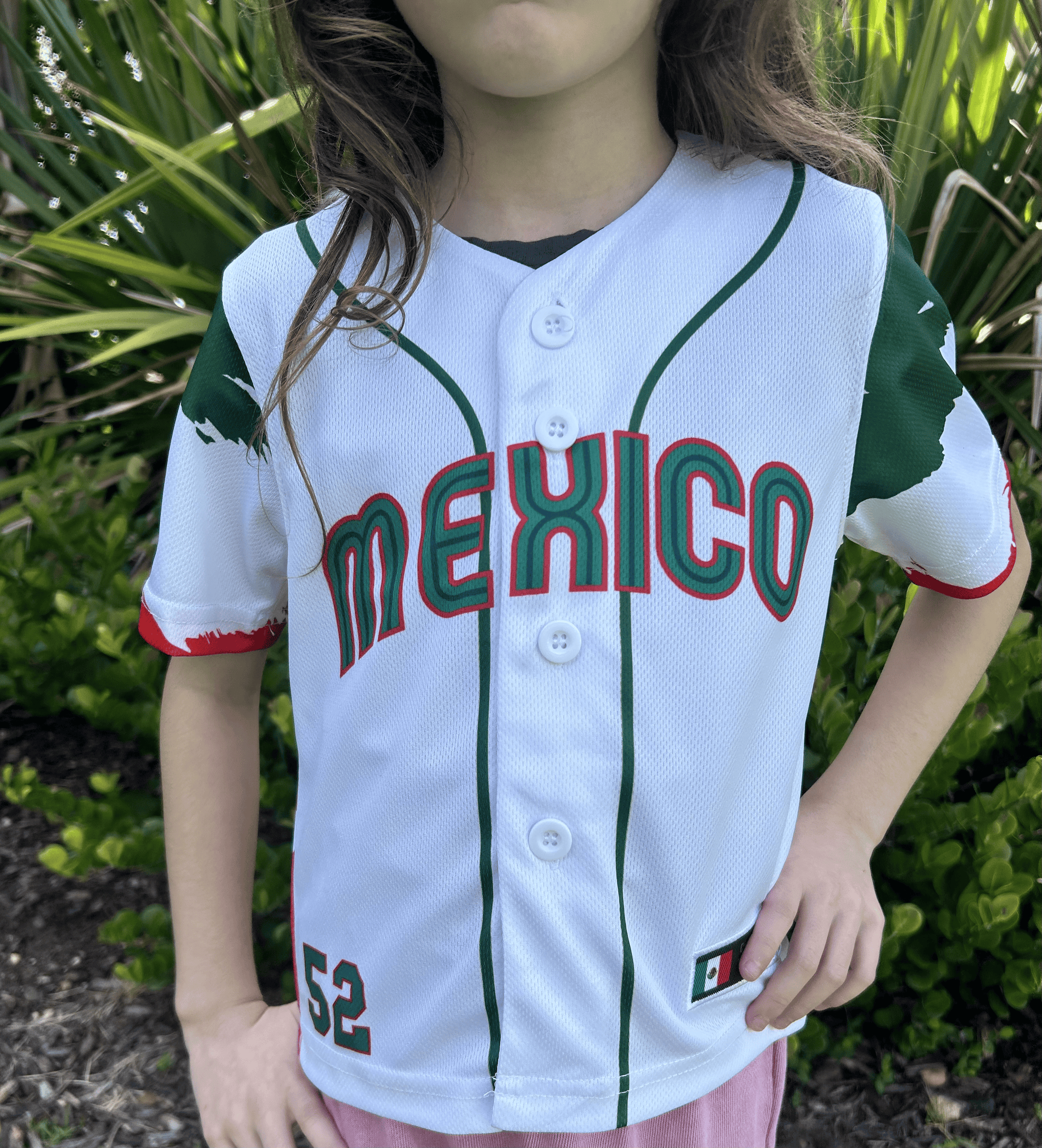 Mexico Baseball Jersey for Kids – White Mexican Flag Shirt with Eagle Coat of Arms & Number 52 | Sizes 2-14