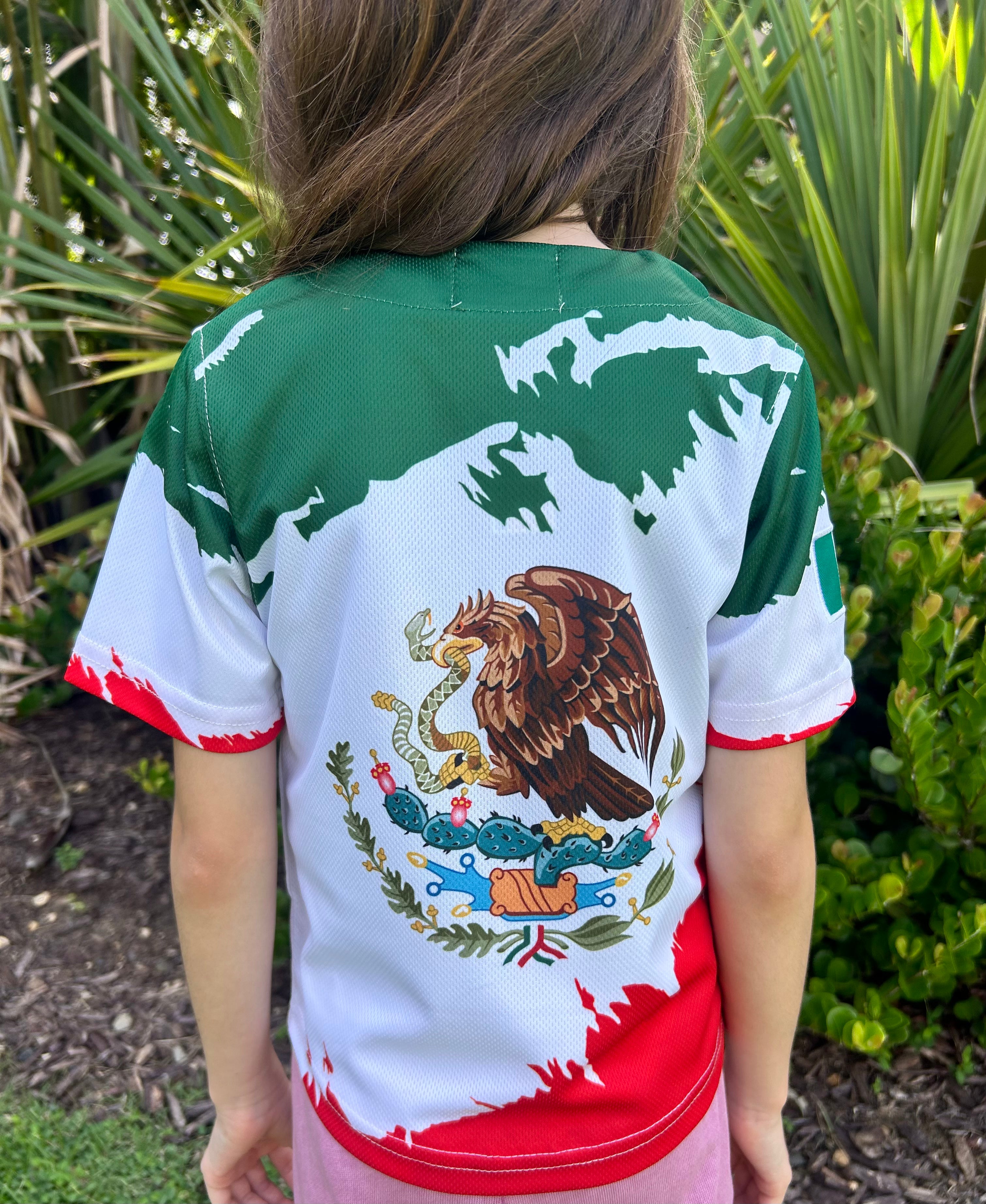 Mexico Baseball Jersey for Kids – White Mexican Flag Shirt with Eagle Coat of Arms & Number 52 | Sizes 2-14