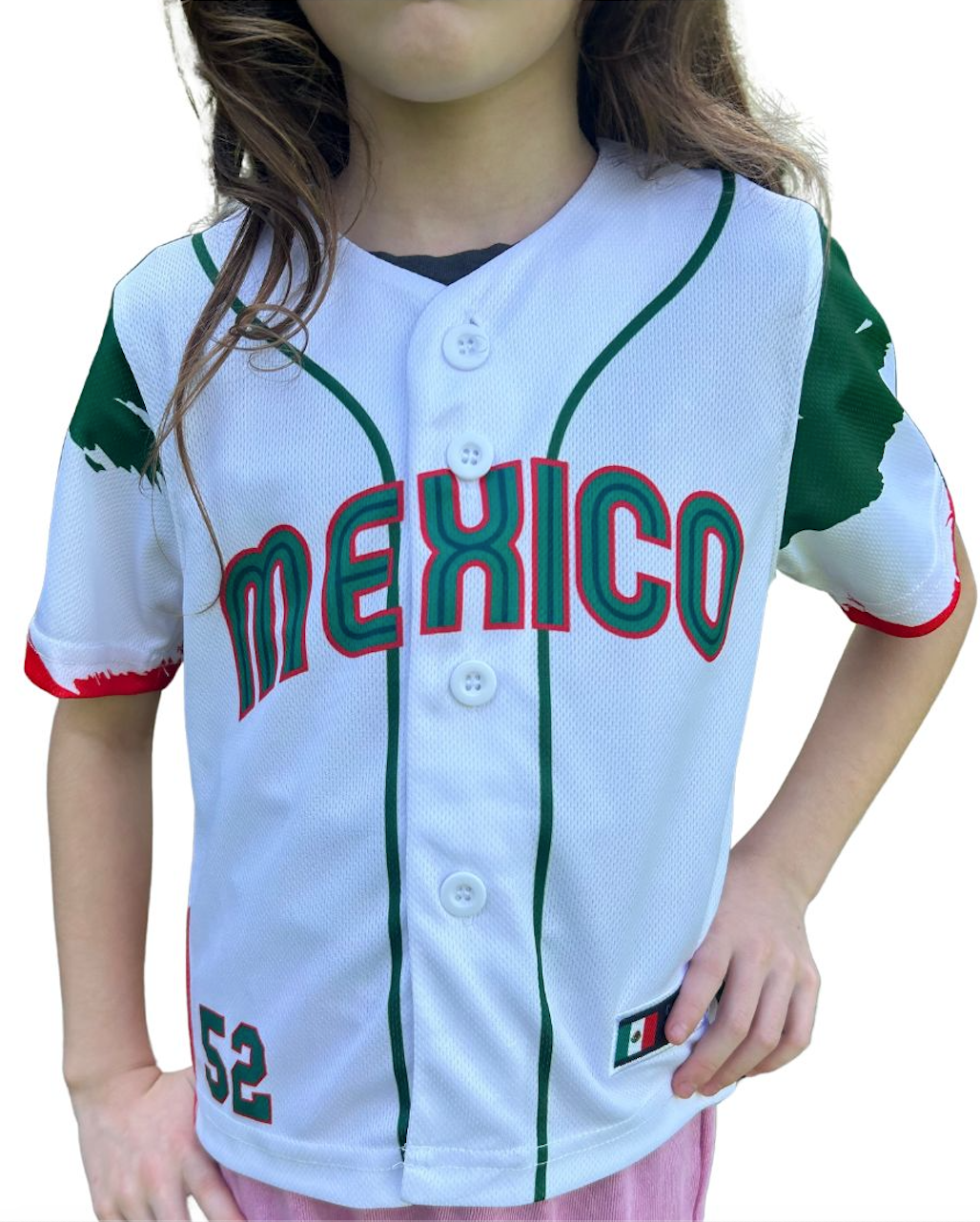 Mexico Baseball Jersey for Kids – White Mexican Flag Shirt with Eagle Coat of Arms & Number 52 | Sizes 2-14